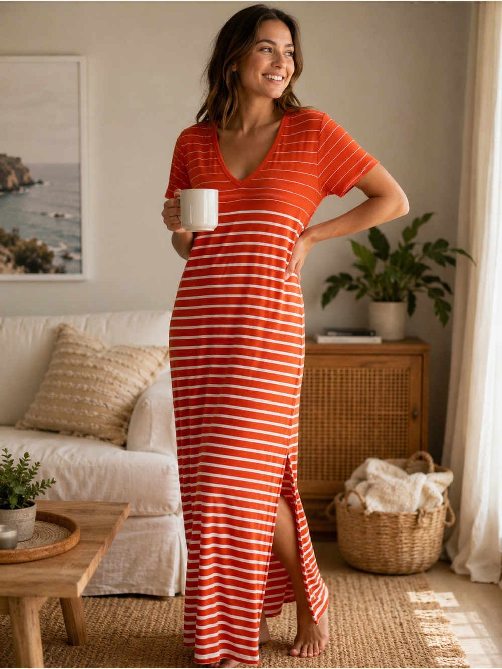 Michael Kors tangerine/White Striped V-Neck breathable knit Maxi Dress side slit